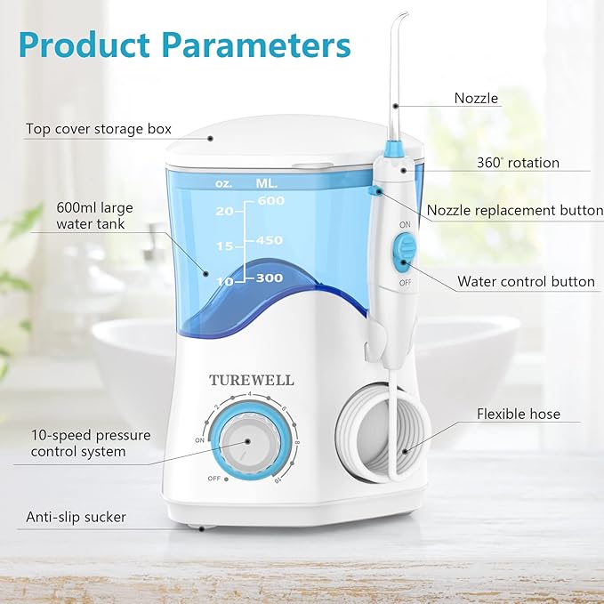 TUREWELL Water Dental Flosser for Teeth/Braces, 8 Jet 10 Pressure 600ML Large