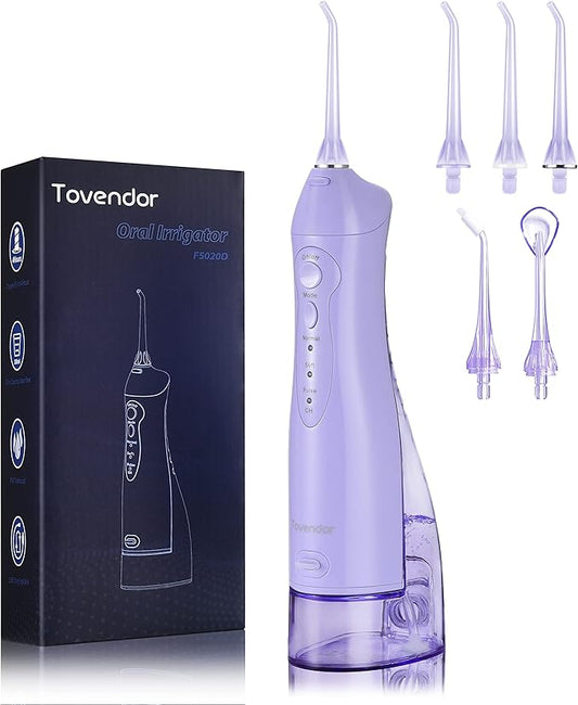 TOVENDOR Electric Water Flosser, Rechargeable Dental 3 Modes, 5 Tips (300ML, IPX7Waterproof IPX7Waterproof Waterflosser)
