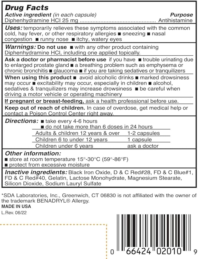 SDA LABORATORIES Diphenhydramine HCI Antihistamine 25 1000 Count (1 Bottle)