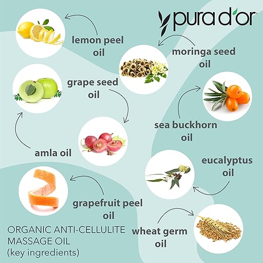 PURA D'OR 16 Oz Organic Anti-Cellulite Massage Oil for Toned Legs and Butt - Lemon Peel Oil, Moringa Oil, Grape Seed Oil, Grapefruit Oil & Eucalyptus Oil - Skin Firming & Tightening
