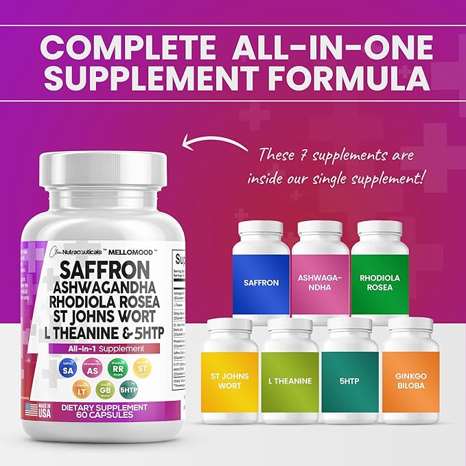 Clean Saffron Supplements with Ashwagandha 8000mg 200mg, Ginkgo 6000mg, St. 6000mg, Rhodiola 3000mg & 5-HTP 500mg 500mg -