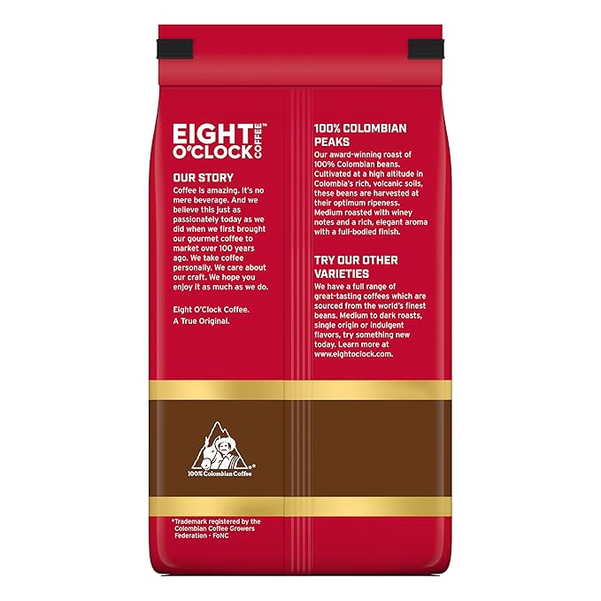 Eight O'Clock Coffee 100% Arabica Colombian Peaks, Medium Roast, Ground Coffee, Kosher Certified, 20 Oz