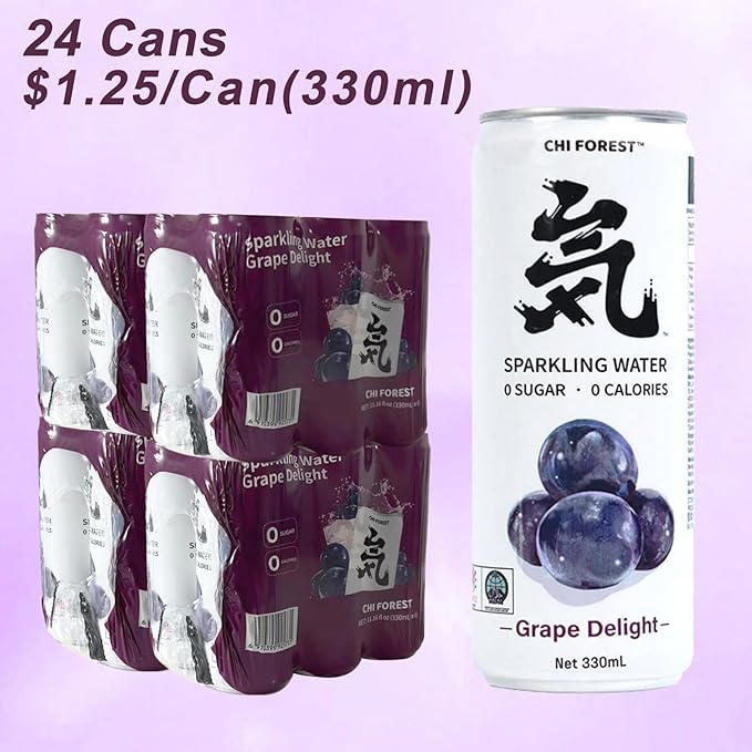 CHI FOREST Grape Sparkling Water 24 Cans, Flavored Sparkling Water, 0 Sugar and 0 Calorie Bubbly Water, Refreshing Carbonated Water, Perfect for Party, Exercise or Work, 11.16 Fl oz, Pack of 24