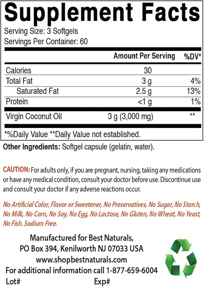 Best Naturals Extra Virgin Coconut Oil 1000 mg Softgel, 180 Count (180 Count (Pack of 3))