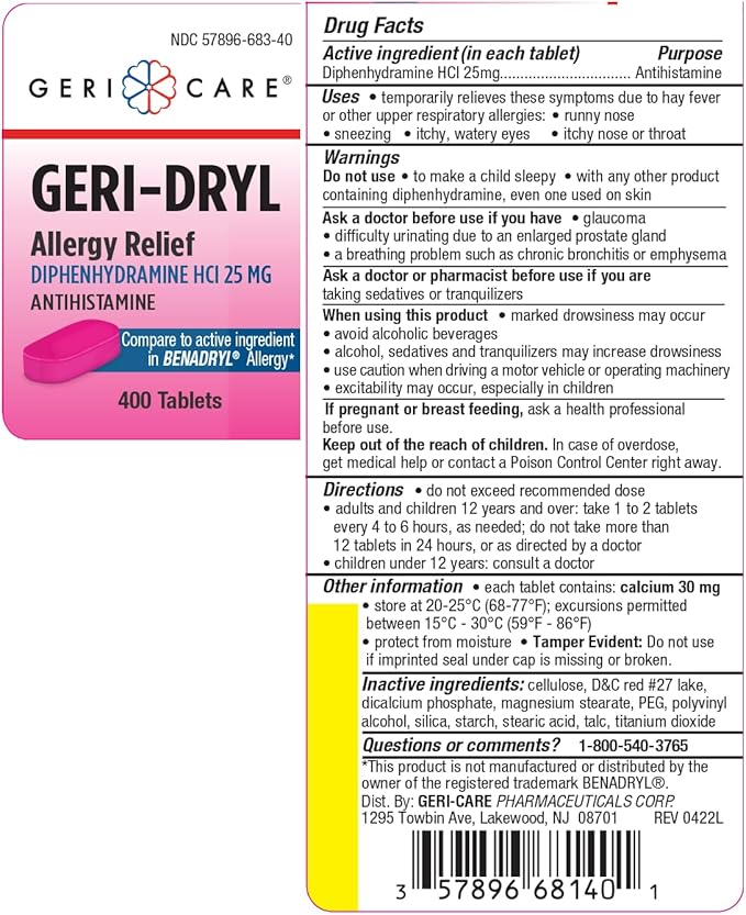 GeriCare Geri-Dryl Diphenhydramine HCl 25mg, Allergy 400 Count 1)