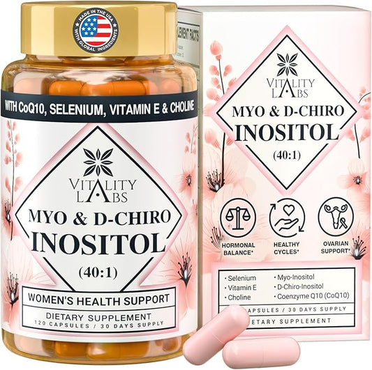 Myo-inositol & D-chiro Inositol Supplement for Women - Ideal 40:1 Ratio Complex for Fertility, Hormonal Balance, Menstrual Cycle & Ovarian Health Support with CoQ10, Choline & Selenium - 120 Capsules