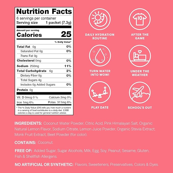 Cure Hydration - Kids Electrolyte Drink Mix | Plant-Based Pediatrician Formulated Rehydration | No Added Sugar, Non-GMO, Gluten-Free, No Artificial Flavors, FSA-HSA | Box of 6 Packets - Pink Lemonade