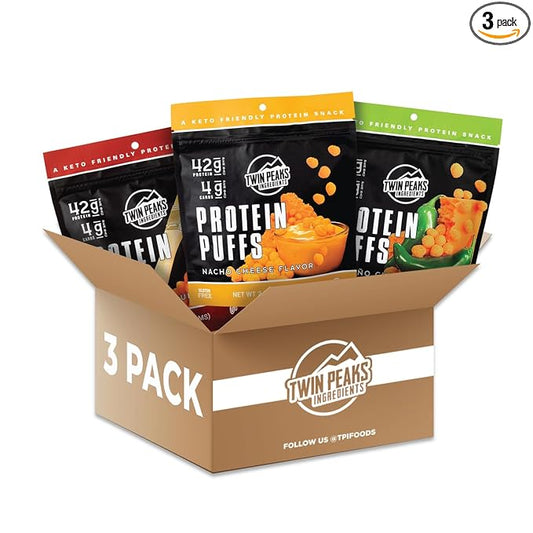 Twin Peaks Ingredients Low Carb, Keto Friendly Protein Puffs, (Variety Pack, 2.1 Ounce), 2 Servings, 3 Pack (60g, 42g Protein, 4g Carbs)