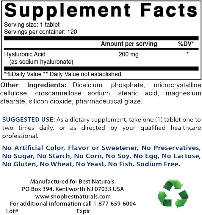 Best Naturals Hyaluronic Acid 200 mg 120 Tablets (120 Count 2))