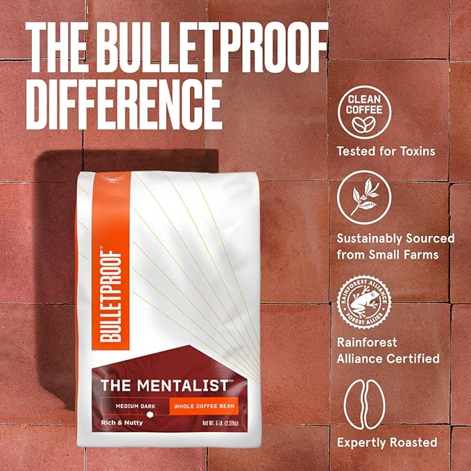 Bulletproof The Mentalist Medium-Dark Roast Whole Bean Coffee, 80 Ounces (bulk), 100% Arabica Coffee Sourced from Central and South America
