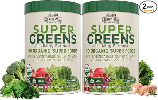 COUNTRY FARMS Super Greens Natural Flavor, 50 Organic 40 Servings, 10.6 Oz, 2 Pack