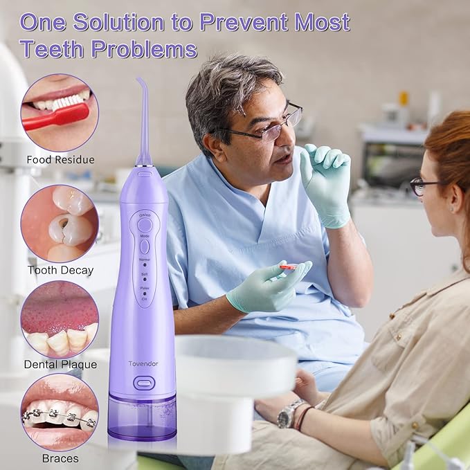 TOVENDOR Electric Water Flosser, Rechargeable Dental 3 Modes, 5 Tips (300ML, IPX7Waterproof IPX7Waterproof Waterflosser)