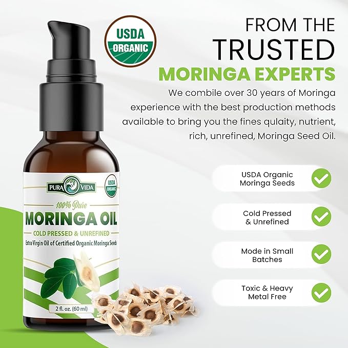 USDA Organic Moringa Seed Oil: 100% Pure, Cold Pressed, Unrefined Moringa Oleifera Seed Oil. 2 oz Bottle with Treatment Pump. For Skin and Hair - Food Grade for Oral Consumption