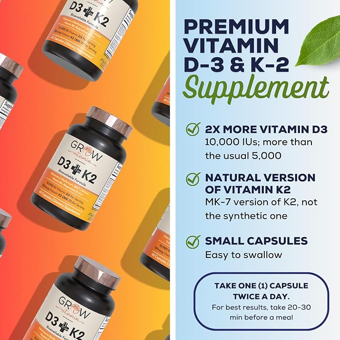 grow vitamin D3 K2 w/MCT Oil - 10,000 IU D3, 100 mcg K2 MK7, Calcium, Zinc, BioPerine, Magnesium for Superior Absorption - 60 Capsules