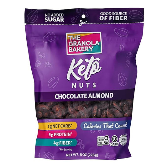 TGB Chocolate Almond Keto Nuts, 1g Net Carb, No Added Sugar, High Fiber, Gluten Free, Grain Free, Healthy Low Carb Snack, 8oz Resealable Cereal Bag