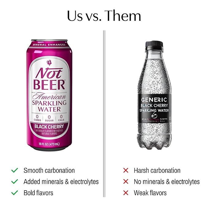 Not Beer American Sparkling Water, Black Cherry, 99.9% Pure, Mineral & Electrolyte Blend, Carbonated Water, Soda Water, Sparkling Water Cans, Made in America, 16 Oz Tallboy Cans, 8 Pack