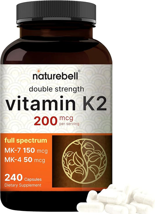 NatureBell Full Spectrum Vitamin K2 Supplement MK-7 & MK-4, 200 200 mcg, 240 Capsules 2 in 1 Formula,