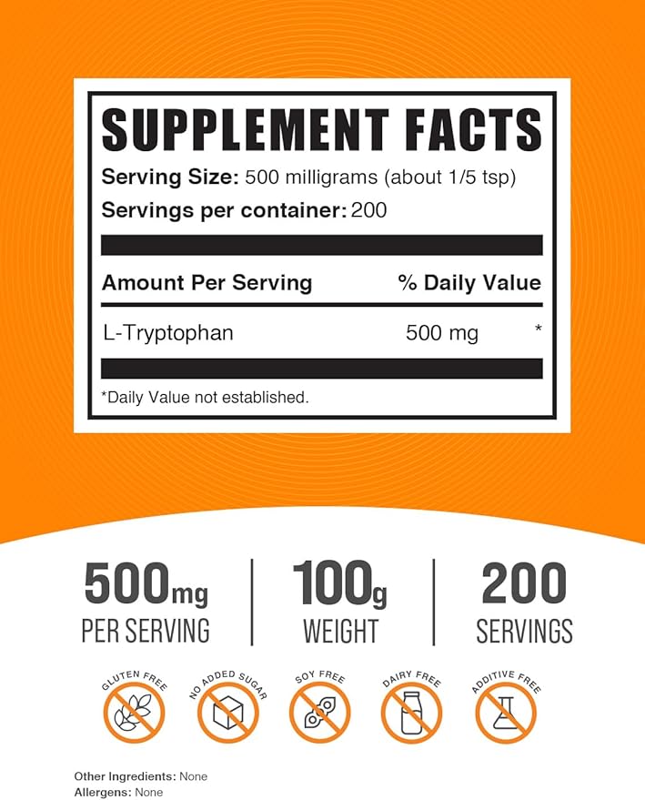BulkSupplements.com L-Tryptophan Powder 500mg, Tryptophan 500mg per 100g (3.5 (3.5 oz) 1)