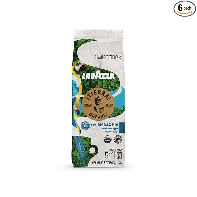 Lavazza ¡Tierra Organic Amazonia Whole Bean Coffee Medium Roast, Floral Notes, 10.5 Oz (Pack of 6) - Packaging May Vary