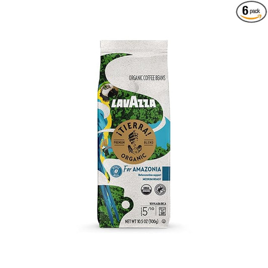 Lavazza ¡Tierra Organic Amazonia Whole Bean Coffee Medium Roast, Floral Notes, 10.5 Oz (Pack of 6) - Packaging May Vary