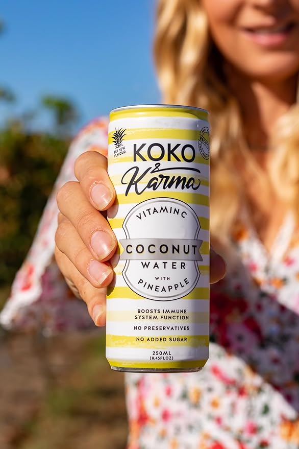 Koko & Karma – Premium Coconut Water with Pineapple & Vitamin C, Refreshing Taste with Natural Sweetness – 12 Pack, 16.9 Ounce Cans