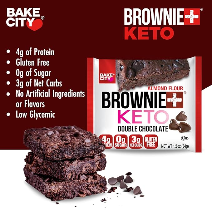 Bake City Brownie+ Keto | 1.2oz Brownie (12 pack), Gluten Free, 0g Sugar, Only 3g Net Carbs, Good Fats, 4g Protein, Kosher, No Artificial Ingredients