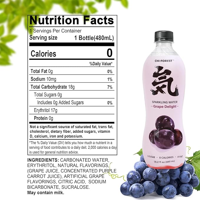 CHI FOREST Sparkling Water, Grape Delight Flavored Bubbly Sparling Water in Bottle, 0 Sugar and 0 Calories Carbonated Water, 16.2 Fl oz(480ml), Pack of 15