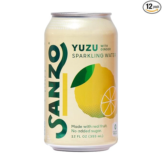 Sanzo Flavored Sparkling Water - Yuzu (Lemon) 12-Pack - Carbonated Drink Made with Real Fruit & Sugar-Free - Non-GMO, Gluten-Free & Vegan - 12 Fl Oz Cans - Pair With Ginger For Balanced Punch