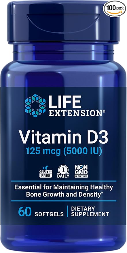 Life Extension DHEA 25mg Hormone Balance D3 5000IU 5000IU Bone 100 Capsules 60 Softgels