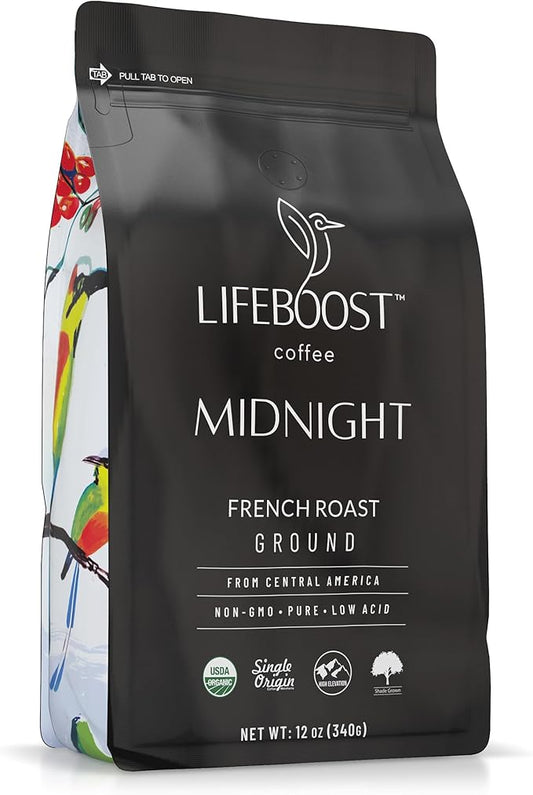 LIFEBOOST Midnight Coffee French Roast Coffee Ground - Single Origin USDA Organic Low Acid Coffee French Roast - Non-GMO Ground Coffee - Third Party Tested For Mycotoxins & Pesticides - 12 Ounces