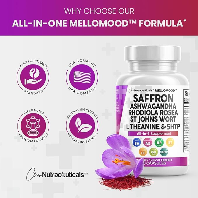 Clean Saffron Supplements with Ashwagandha 8000mg 200mg, Ginkgo 6000mg, St. 6000mg, Rhodiola 3000mg & 5-HTP 500mg 500mg -