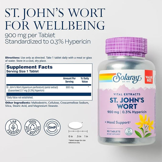 SOLARAY St. Johns Wort Aerial Extract 900mg | 0.3% Hypericin 90 Servings 90 Tablets