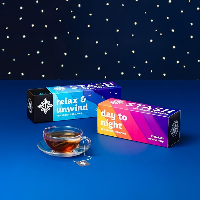 Stash Tea Day to Night Tea Sampler - Assorted Specialty Tea Gift Set, High to No Caffeine, 7 Flavors, 35 Tea Bags