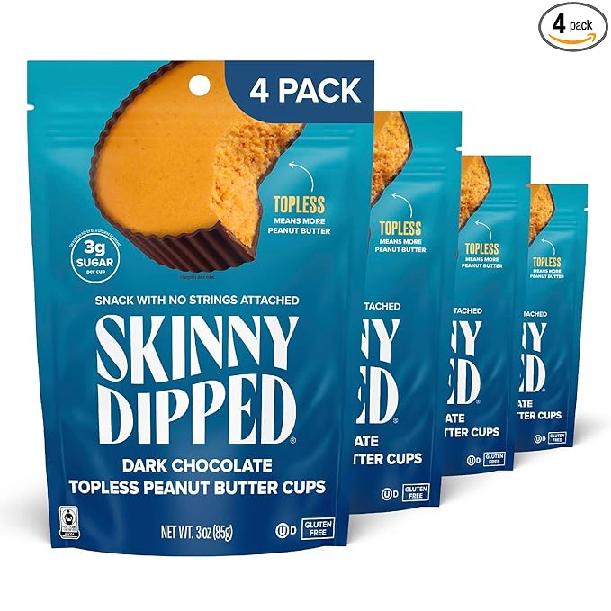 SkinnyDipped Uncovered Dark Chocolate Peanut Butter Cups, Healthy Snack, Plant Protein, Gluten Free, 3 oz Resealable Bags, Pack of 4