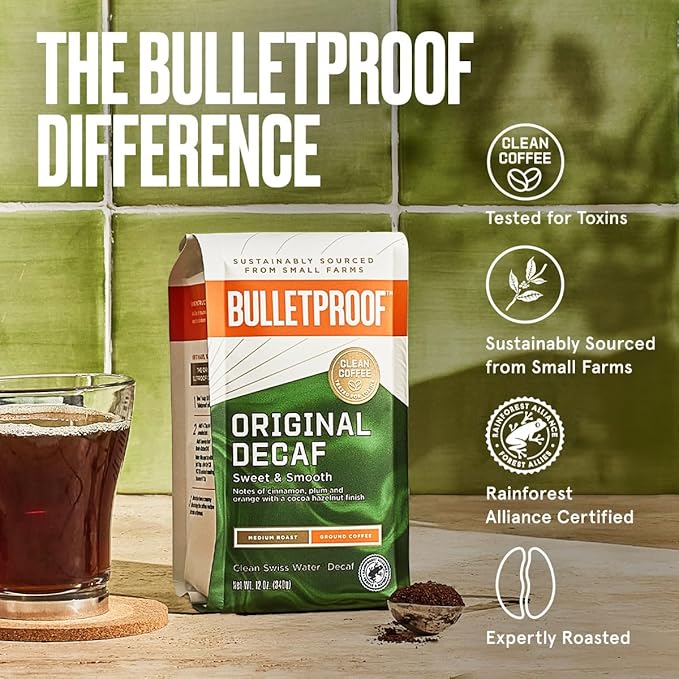 Bulletproof Original Medium Roast Ground Decaf Coffee, 12 Ounces, 100% Arabica Coffee Sourced from Central and South America