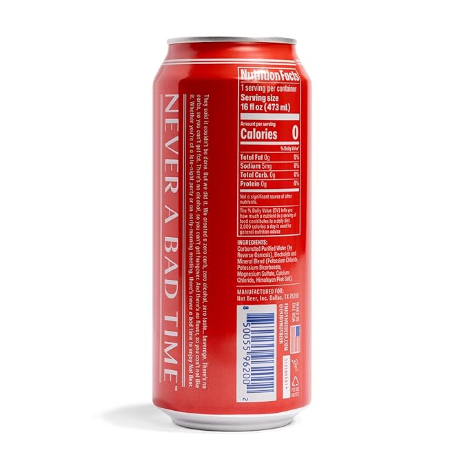 Not Beer American Sparkling Water, Original, 99.9% Pure, Mineral & Electrolyte Blend, Unflavored Carbonated Water, Made in America, Plain Sparkling Water, 16 Oz Tallboy Cans, 8 Pack