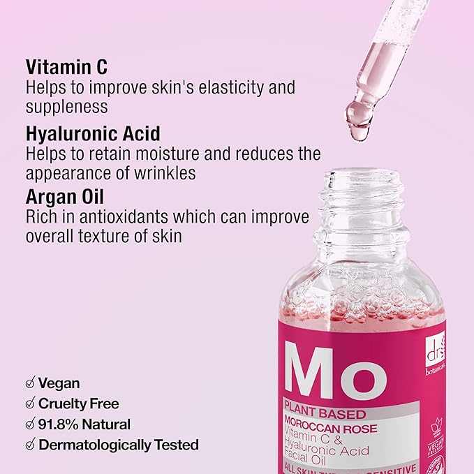 Dr Botanicals Vegan Moroccan Rose Superfood Face Oil with Vitamin C and Hyaluronic Acid | Nourishing Treatment for Youthful-Looking Skin | Enhances Elaciticity and Brightens Skin - Made in UK