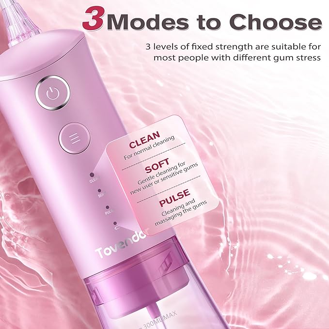 TOVENDOR Water Dental Flosser, Rechargeable Dental 3 Modes, 5 Tips 300ML Large IPX7 Waterproof
