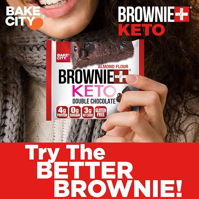 Bake City Brownie+ Keto | 1.2oz Brownie (12 pack), Gluten Free, 0g Sugar, Only 3g Net Carbs, Good Fats, 4g Protein, Kosher, No Artificial Ingredients