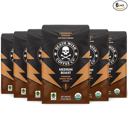 Death Wish Coffee, Medium Roast Whole Bean (10 oz, 6 pack)
