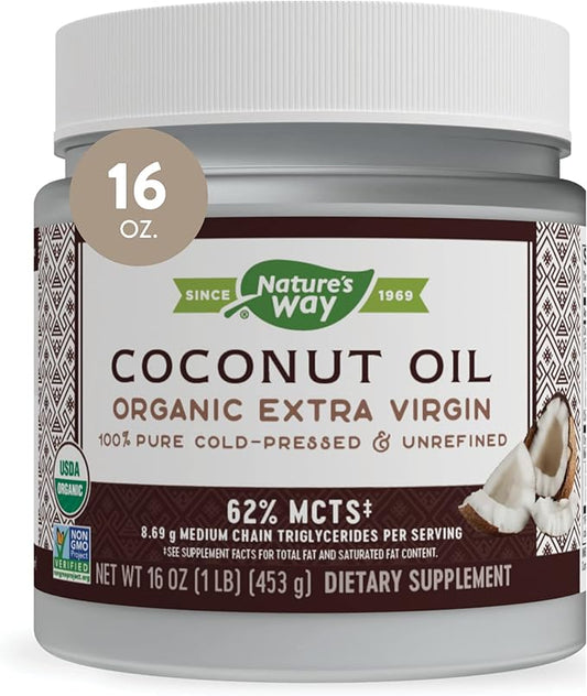 Nature's Way Organic Extra Virgin Coconut Oil, Pure and Unrefined, 62% MCTs, 16 Oz