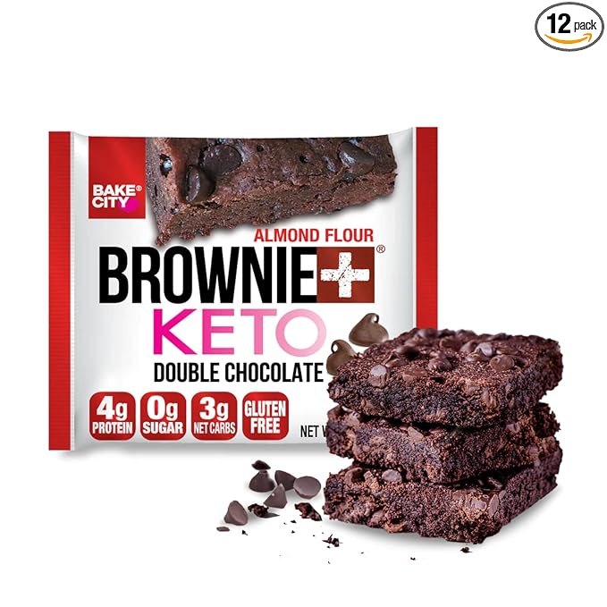 Bake City Brownie+ Keto | 1.2oz Brownie (12 pack), Gluten Free, 0g Sugar, Only 3g Net Carbs, Good Fats, 4g Protein, Kosher, No Artificial Ingredients