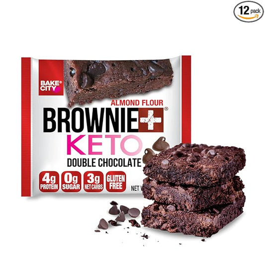 Bake City Brownie+ Keto | 1.2oz Brownie (12 pack), Gluten Free, 0g Sugar, Only 3g Net Carbs, Good Fats, 4g Protein, Kosher, No Artificial Ingredients