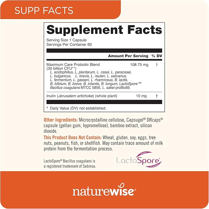NatureWise Max Probiotics for Women & Men 30 Billion 18 Strains 60 Capsules[2-Month Capsules[2-Month Supply]