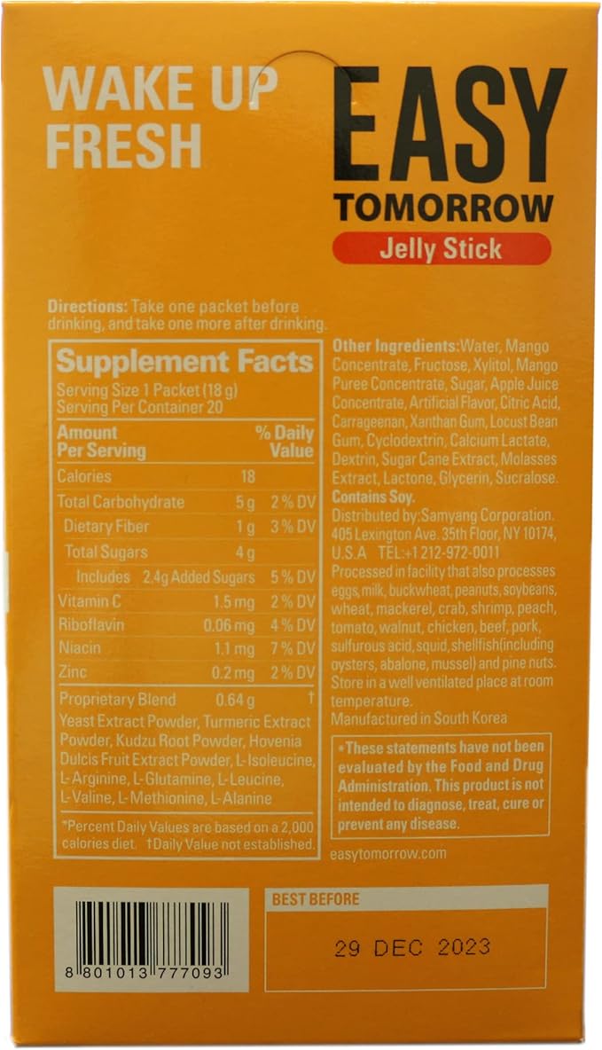 Easy Tomorrow Jelly Stick Before/After Drink Alcohol, After Party Recovery & Relief for Great Night & Better Morning, Party Vacation Aid, Liver Cleanse Detox, Mango Flavored, 상쾌환, 20 Sticks