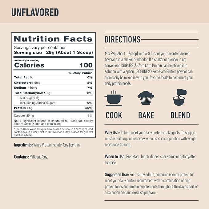 Isopure Unflavored Protein, 25g Whey Isolate, 47 Servings, 3 Pounds