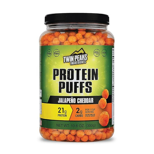 Twin Peaks Protein Puffs - (Jalapeno Cheddar), Keto Friendly, Low Carb Snack (300g, 21g Protein, 2g Net Carbs, High Protein, Healthy Crunchy Snack)