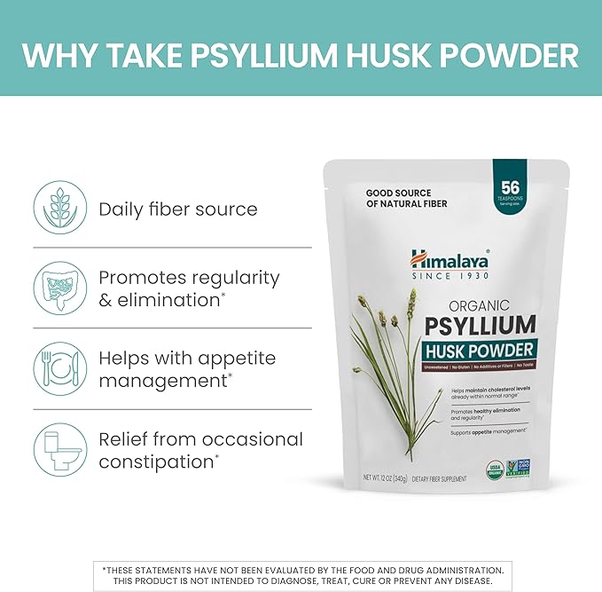 Himalaya Organic Psyllium Husk Powder, Daily 56-Teaspoon Supply, 12 Oz