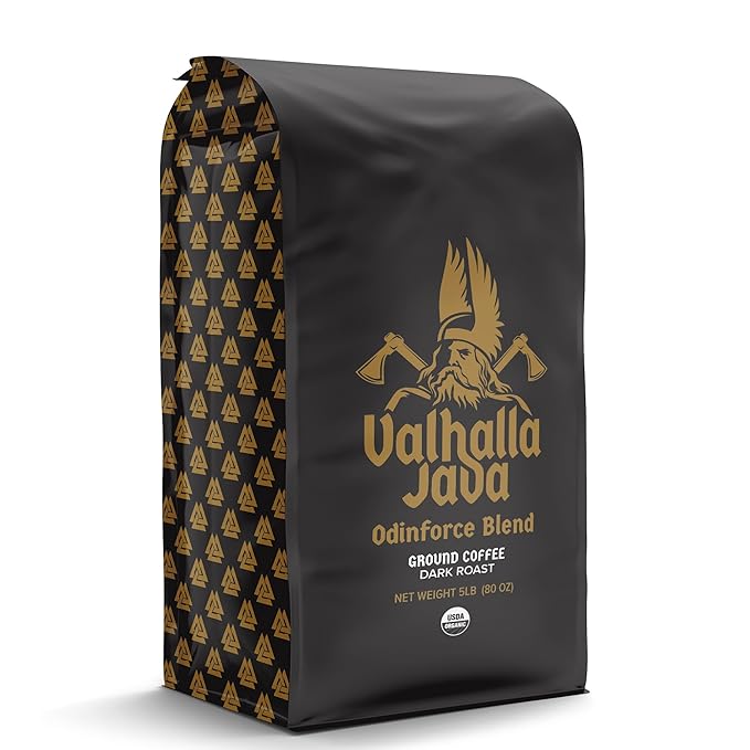 Death Wish Coffee, Valhalla Java Dark Roast Grounds - Extra Kick of Caffeine - 5 Lb. - Bold & Intense Blend of Arabica Robusta - USDA Organic - Strong Coffee for Morning Boost