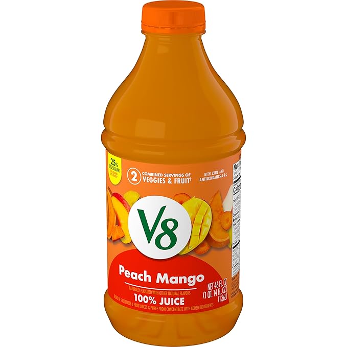 V8 Peach Mango 100% Fruit and Vegetable Juice, 46 fl oz Bottle (6 Pack)